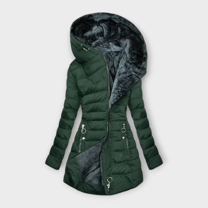 Women's quilted zip-up hood puffer coat with faux fur lining in Dark Green