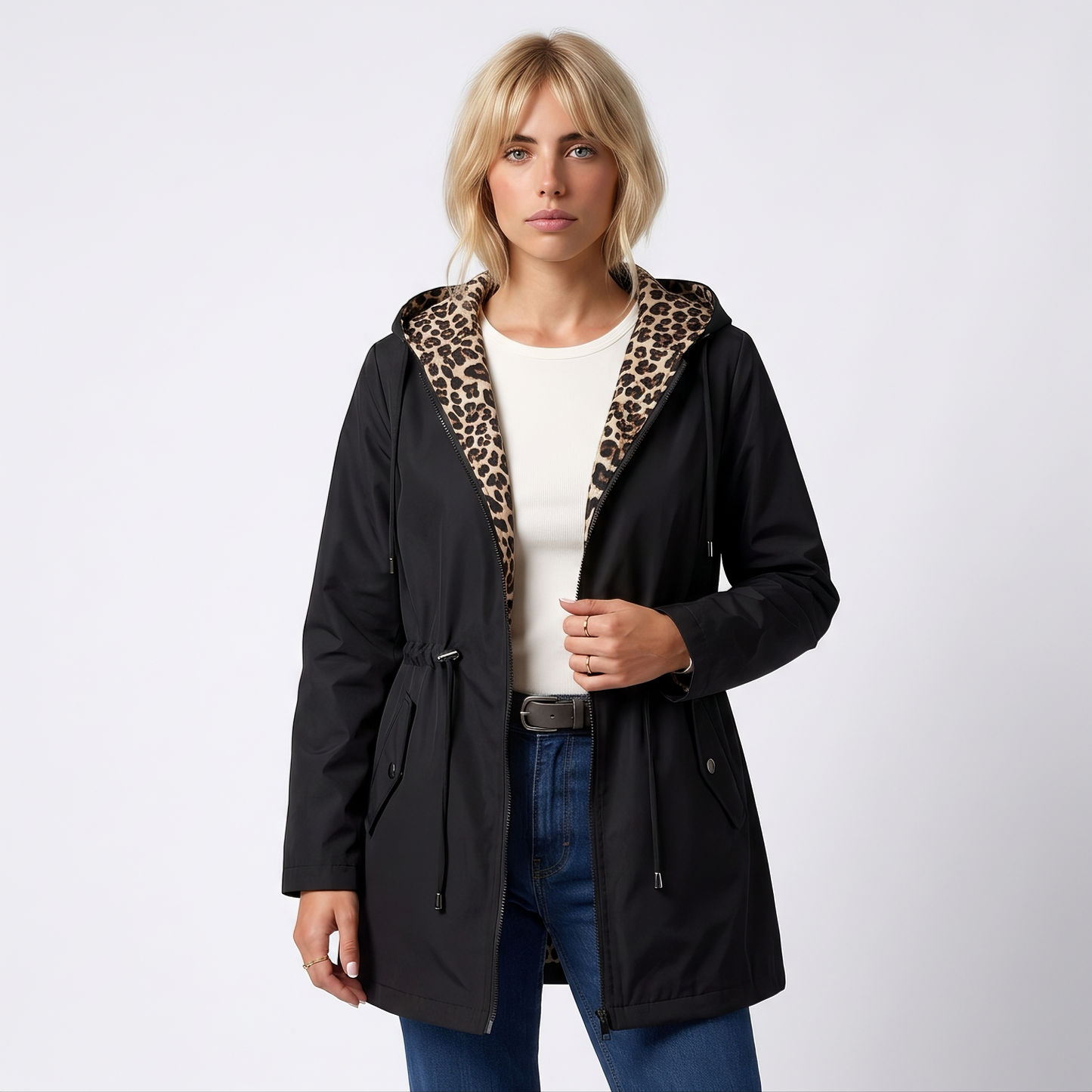 Sunoire womens reversible polyester coat with hood and zip pockets colorway black front crop 01