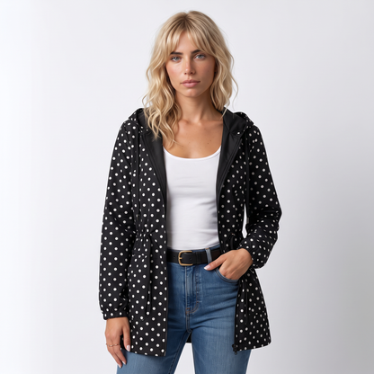 Sunoire womens reversible polyester coat with hood and zip pockets colorway black with polka dots front crop 01