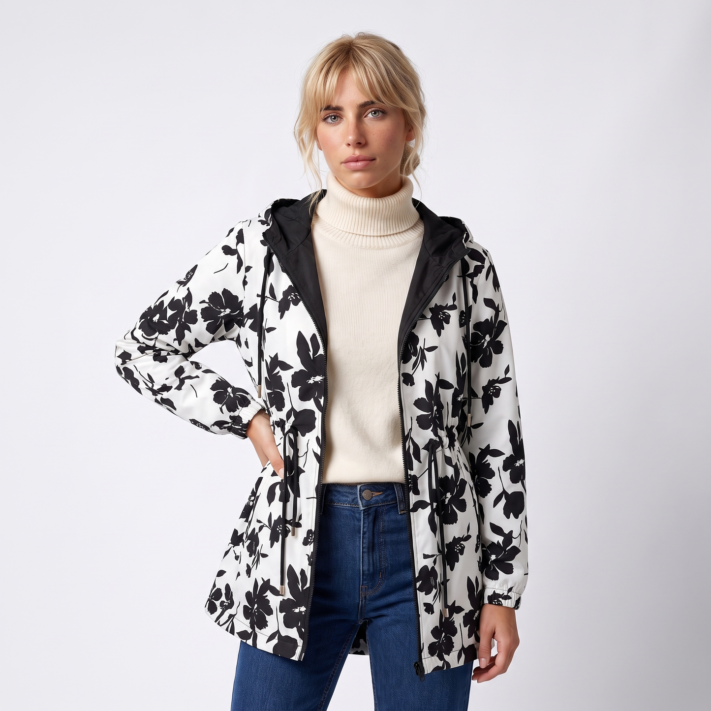 Sunoire womens reversible polyester coat with hood and zip pockets colorway white with floral front crop 01