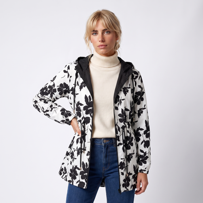 Sunoire womens reversible polyester coat with hood and zip pockets colorway white with floral front crop 01