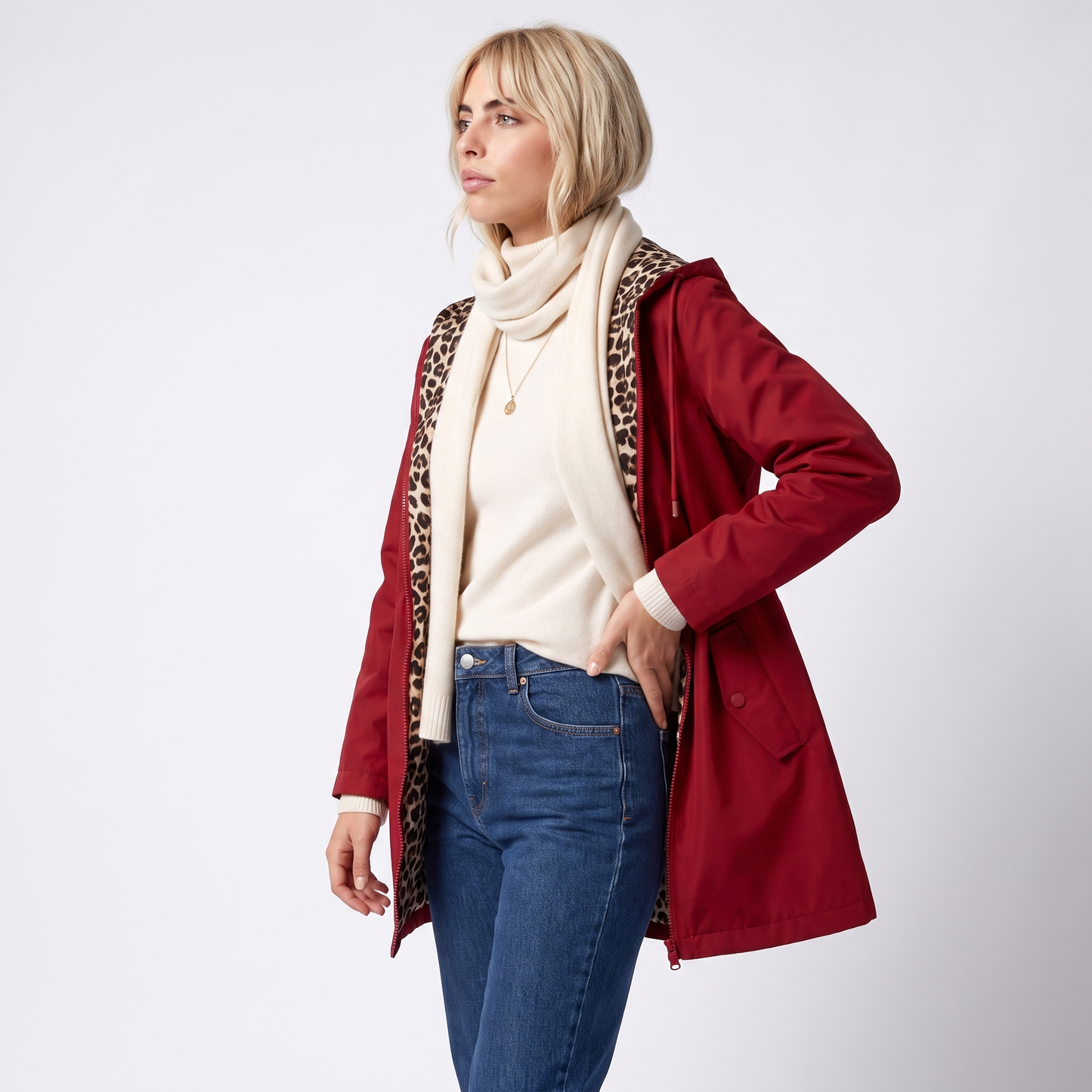 Sunoire womens reversible polyester coat with hood and zip pockets top side crop 01