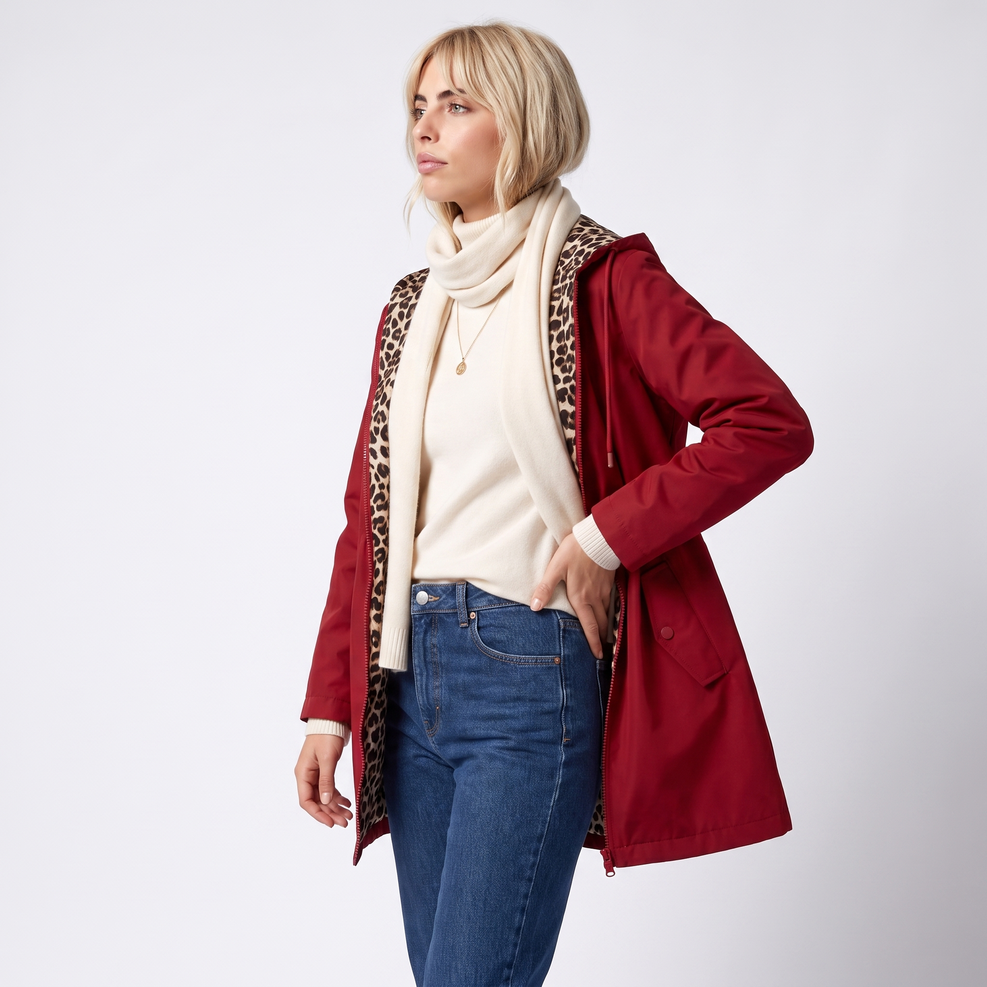 Sunoire womens reversible polyester coat with hood and zip pockets top side crop 01