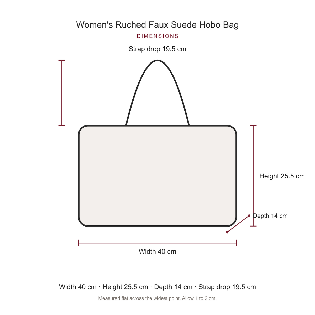 Women's Ruched Faux Suede Hobo Bag, dimensions