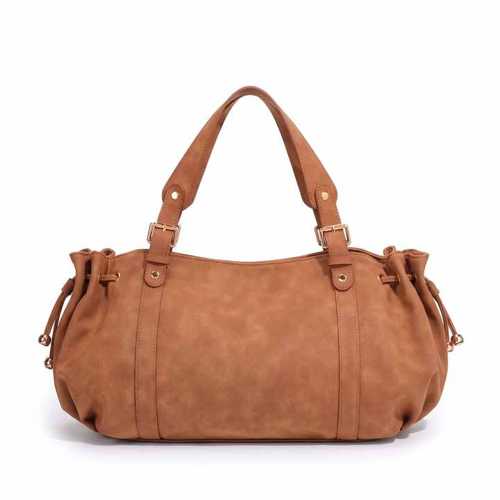 Women's Slouchy Faux Suede Hobo Bag, Grey Ruched Shoulder Bag — Tan