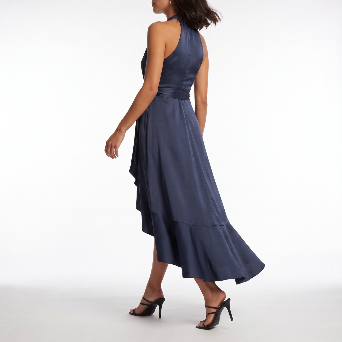 Sunoire womens satin halter dress high low ruffle skirt formal evening dress back view 01