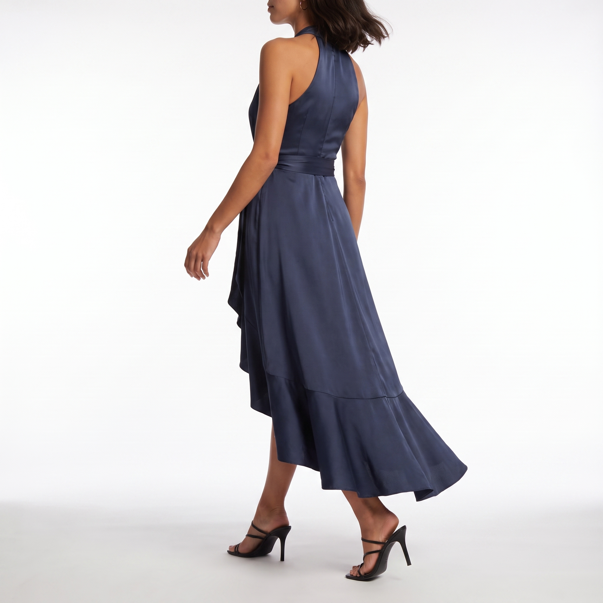 Sunoire womens satin halter dress high low ruffle skirt formal evening dress back view 01
