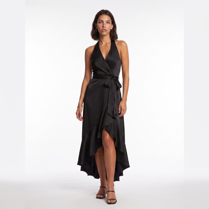 Sunoire womens satin halter dress high low ruffle skirt formal evening dress colorway black front hero 01