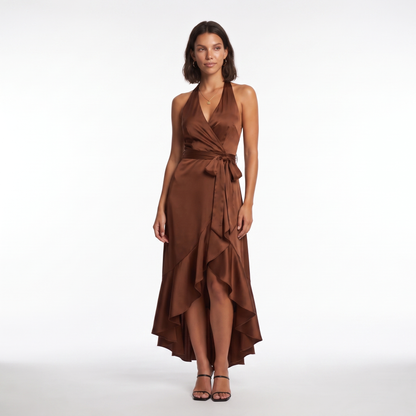 Sunoire womens satin halter dress high low ruffle skirt formal evening dress colorway brown front hero 01