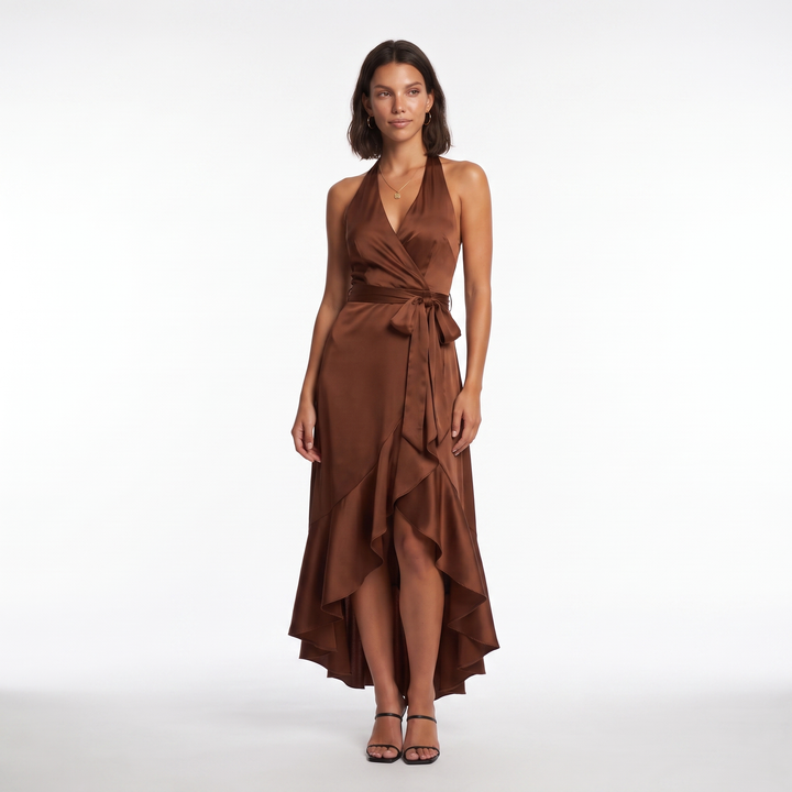 Satin Halter Ruffle Dress – Navy Blue Wedding Guest Dress — Brown