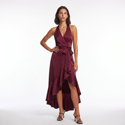 Sunoire womens satin halter dress high low ruffle skirt formal evening dress colorway burgundy front hero 01
