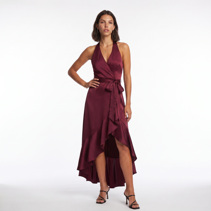 Satin Halter Ruffle Dress – Navy Blue Wedding Guest Dress — Burgundy
