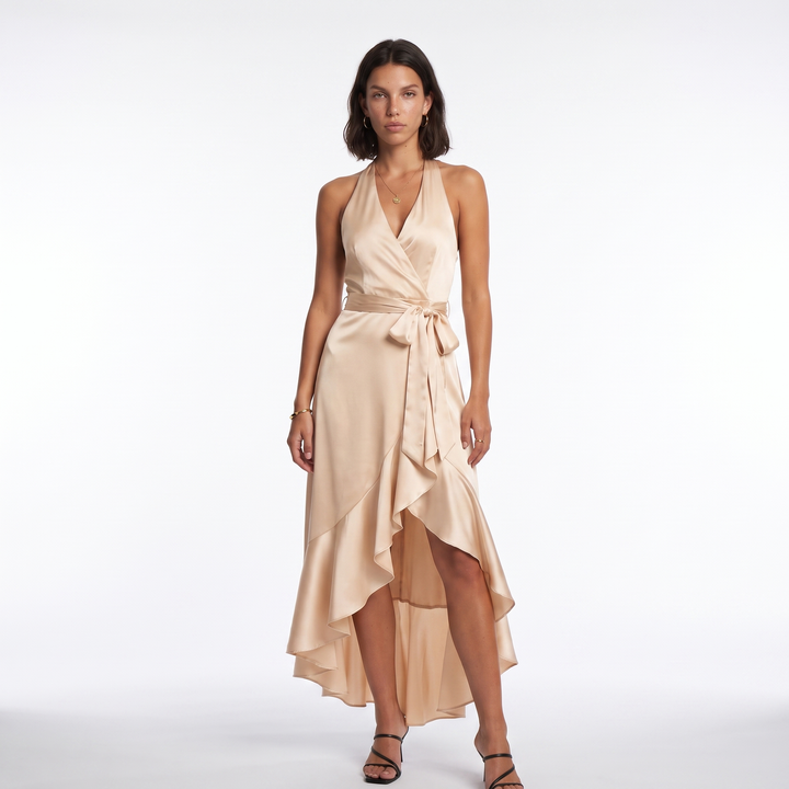 Satin Halter Ruffle Dress – Navy Blue Wedding Guest Dress — Champagne