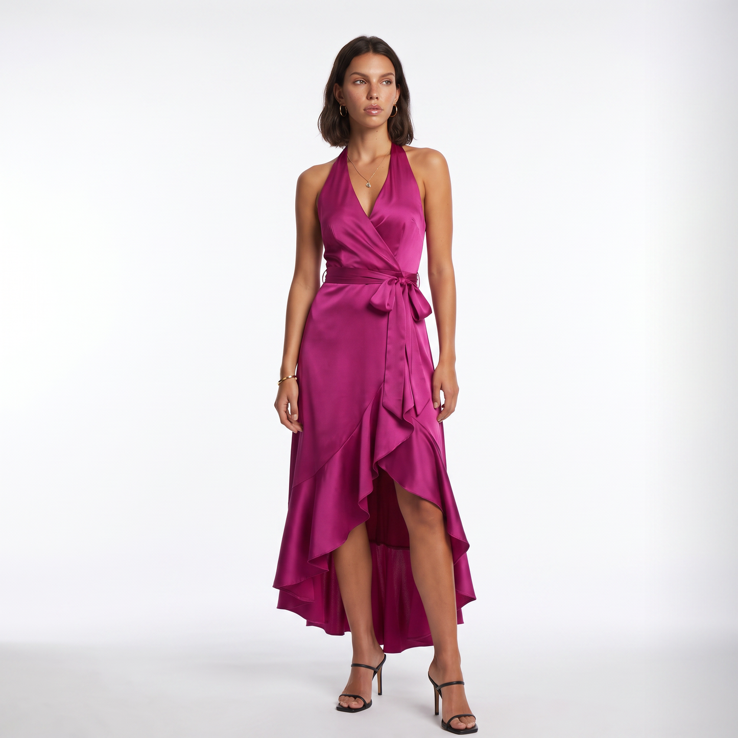 Sunoire womens satin halter dress high low ruffle skirt formal evening dress colorway fuchsia front hero 01