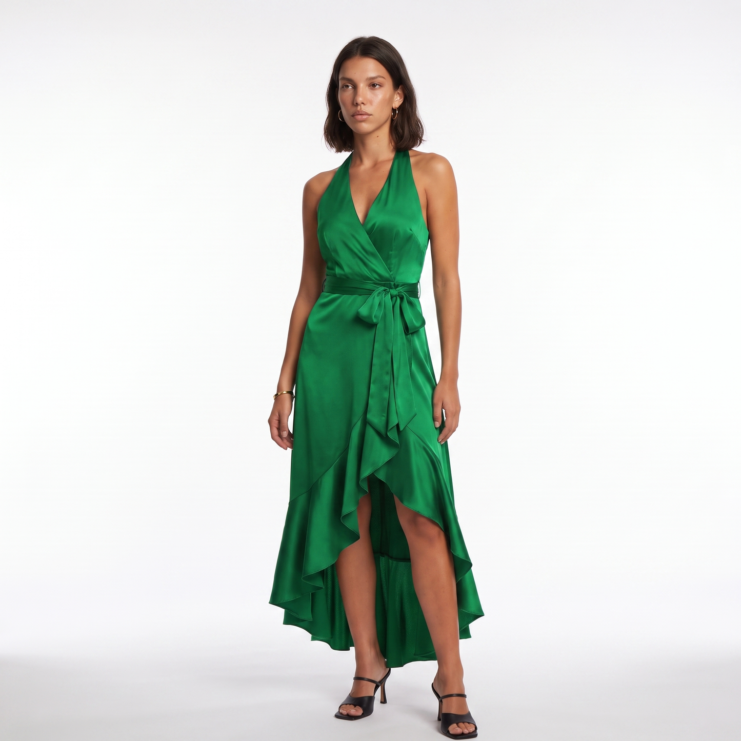 Sunoire womens satin halter dress high low ruffle skirt formal evening dress colorway green front hero 01