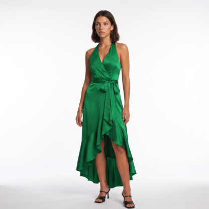 Sunoire womens satin halter dress high low ruffle skirt formal evening dress colorway green front hero 01