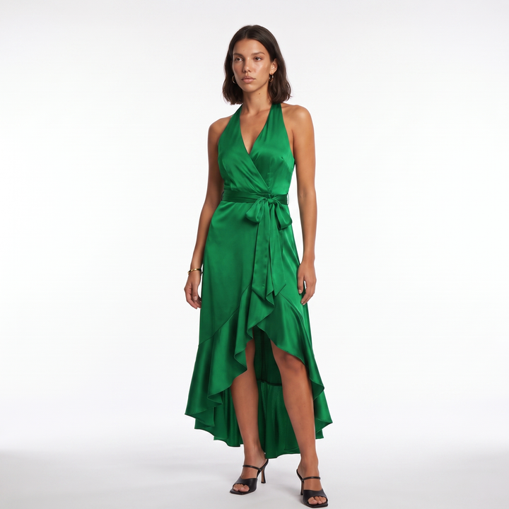 Satin Halter Ruffle Dress – Navy Blue Wedding Guest Dress — Green