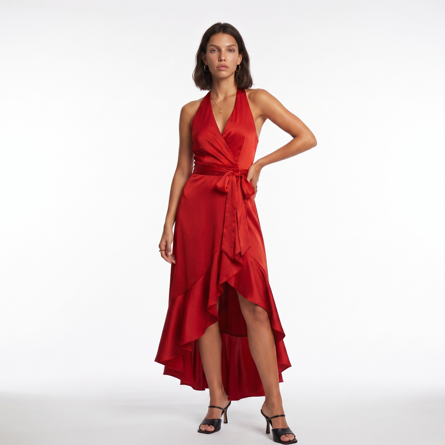 Sunoire womens satin halter dress high low ruffle skirt formal evening dress colorway red front hero 01