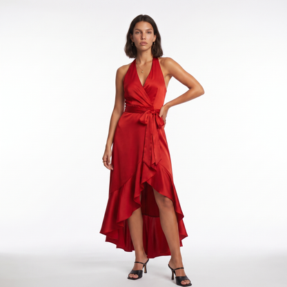 Sunoire womens satin halter dress high low ruffle skirt formal evening dress colorway red front hero 01