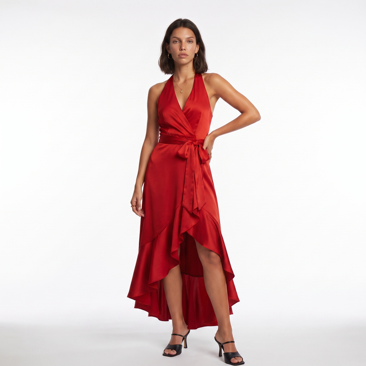 Satin Halter Ruffle Dress – Navy Blue Wedding Guest Dress — Red
