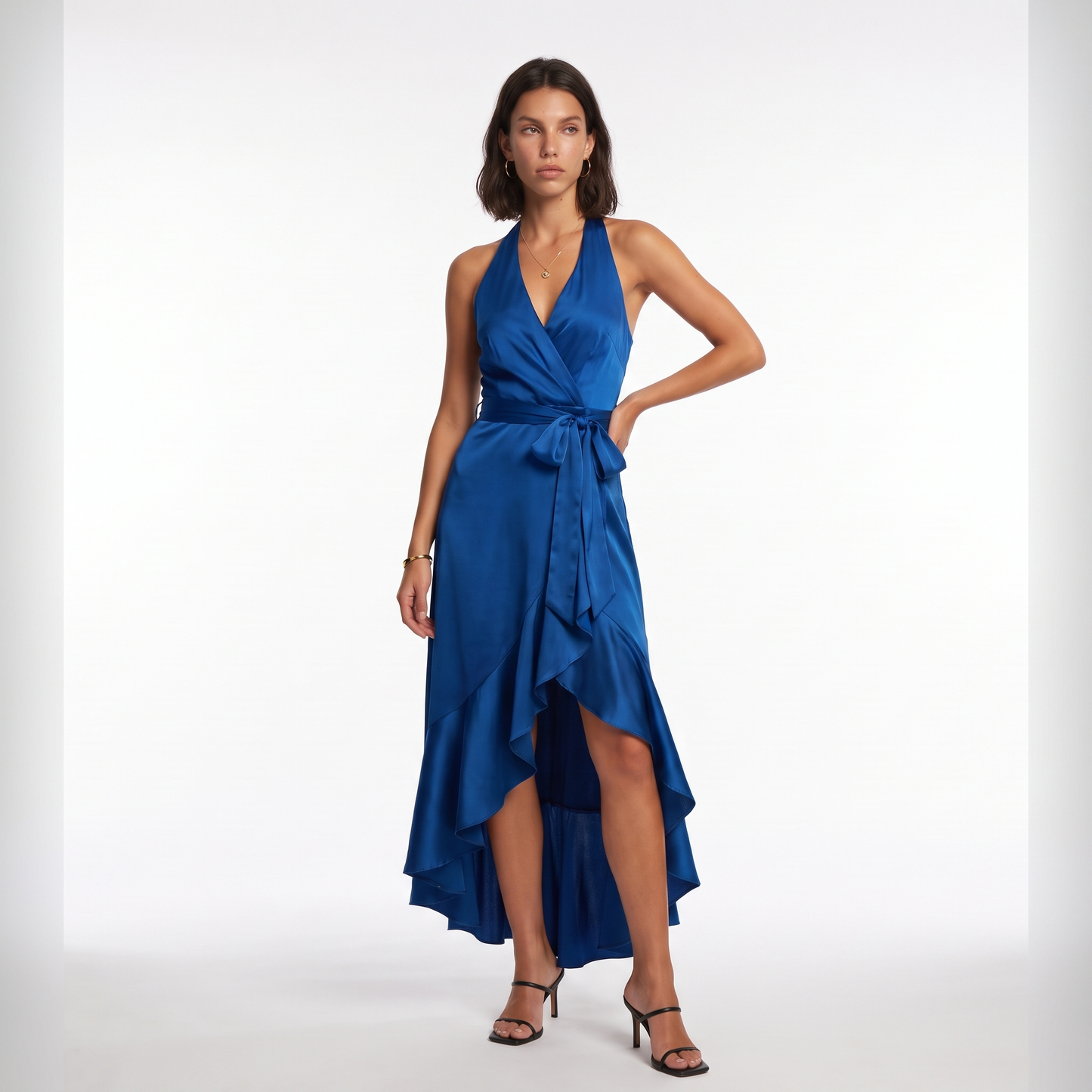 Sunoire womens satin halter dress high low ruffle skirt formal evening dress colorway royal blue front hero 01