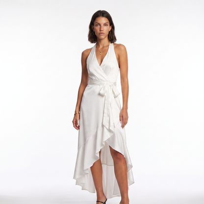 Sunoire womens satin halter dress high low ruffle skirt formal evening dress colorway white front hero 01
