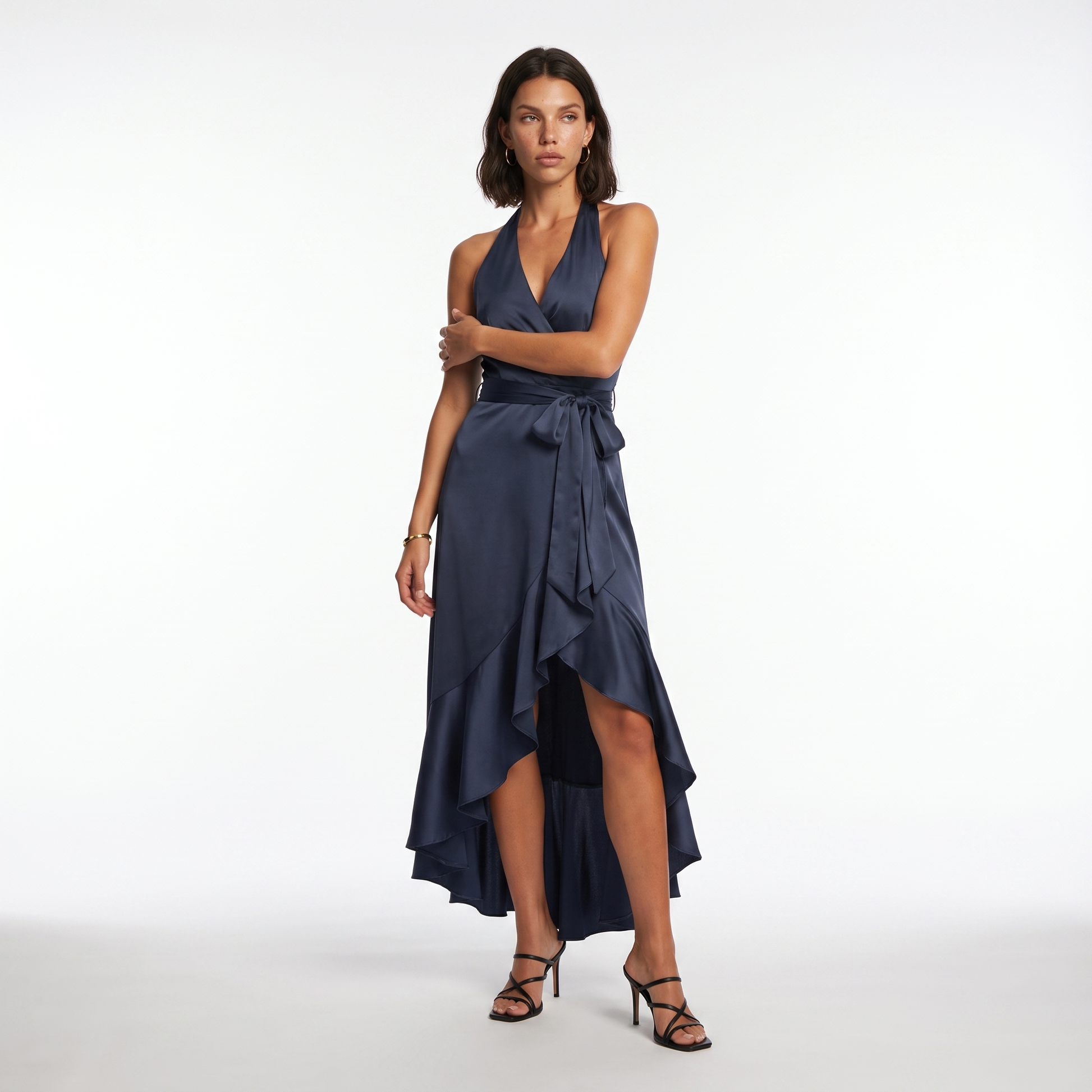 Navy Blue Satin Halter Dress