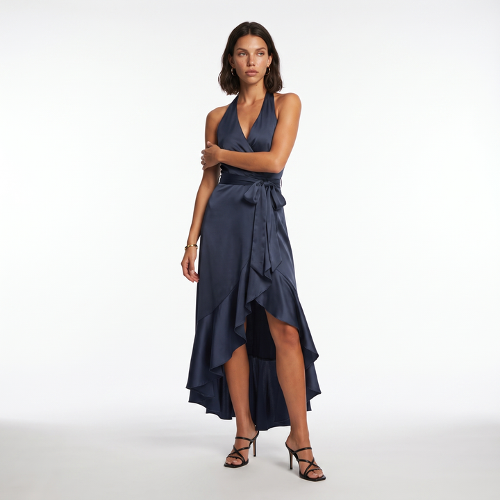 Sunoire womens satin halter dress high low ruffle skirt formal evening dress front hero 01