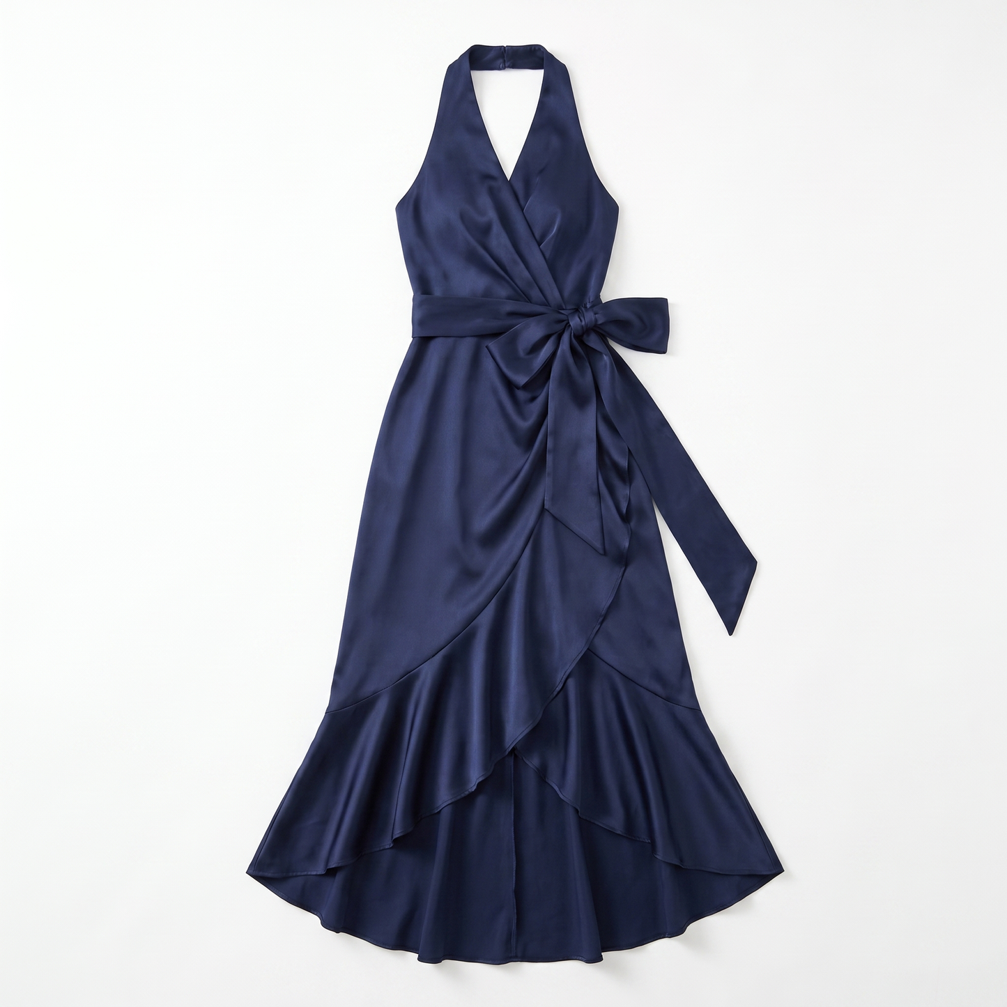 Sunoire womens satin halter dress high low ruffle skirt formal evening dress garment flatlay 01