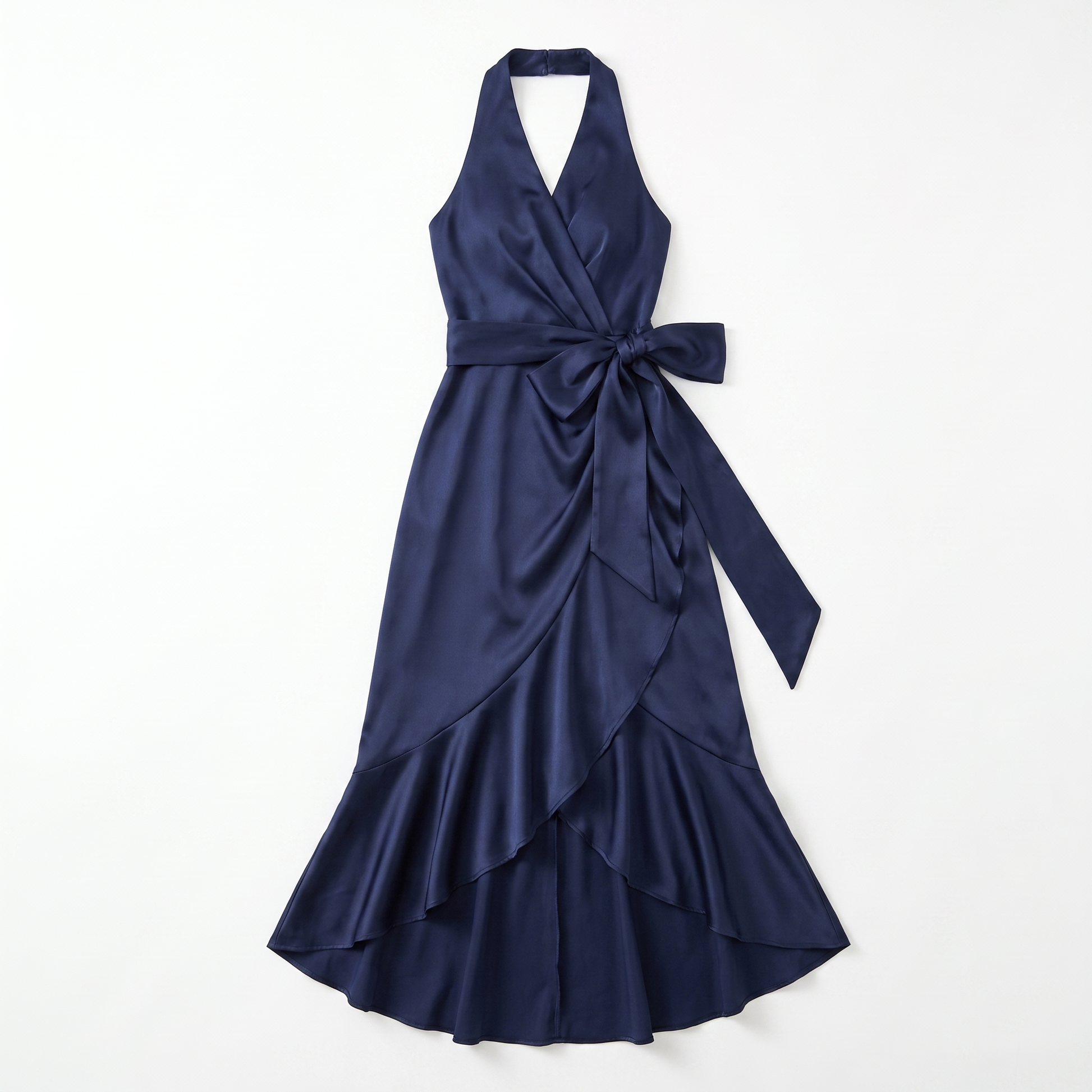 Sunoire womens satin halter dress high low ruffle skirt formal evening dress garment flatlay 01