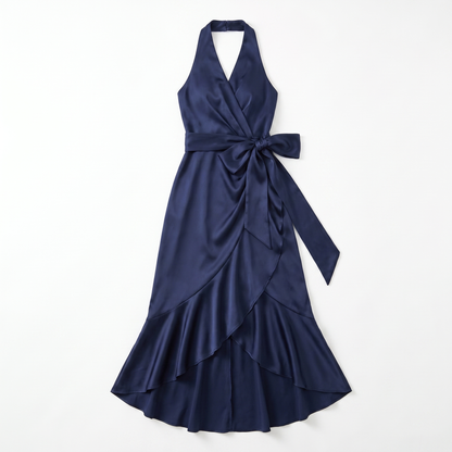 Sunoire womens satin halter dress high low ruffle skirt formal evening dress garment flatlay 01