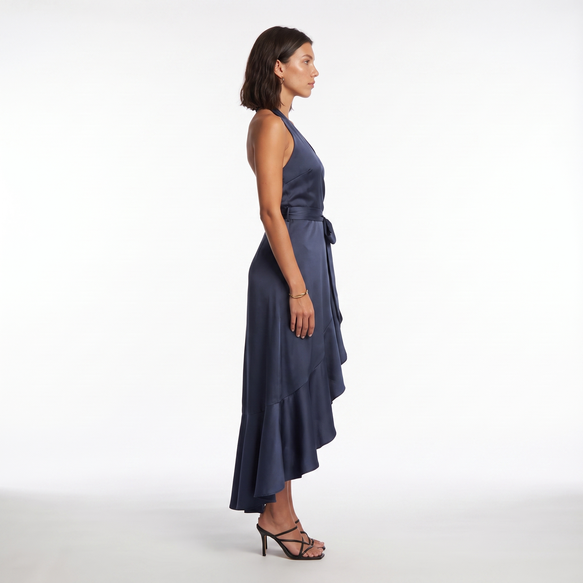 Sunoire womens satin halter dress high low ruffle skirt formal evening dress side view 01