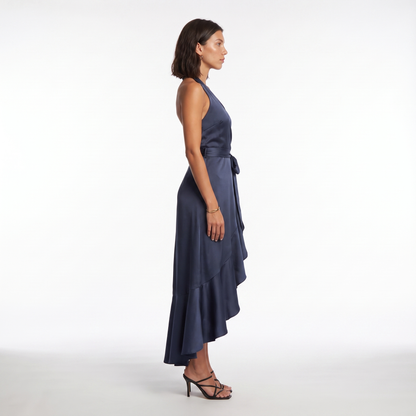 Sunoire womens satin halter dress high low ruffle skirt formal evening dress side view 01