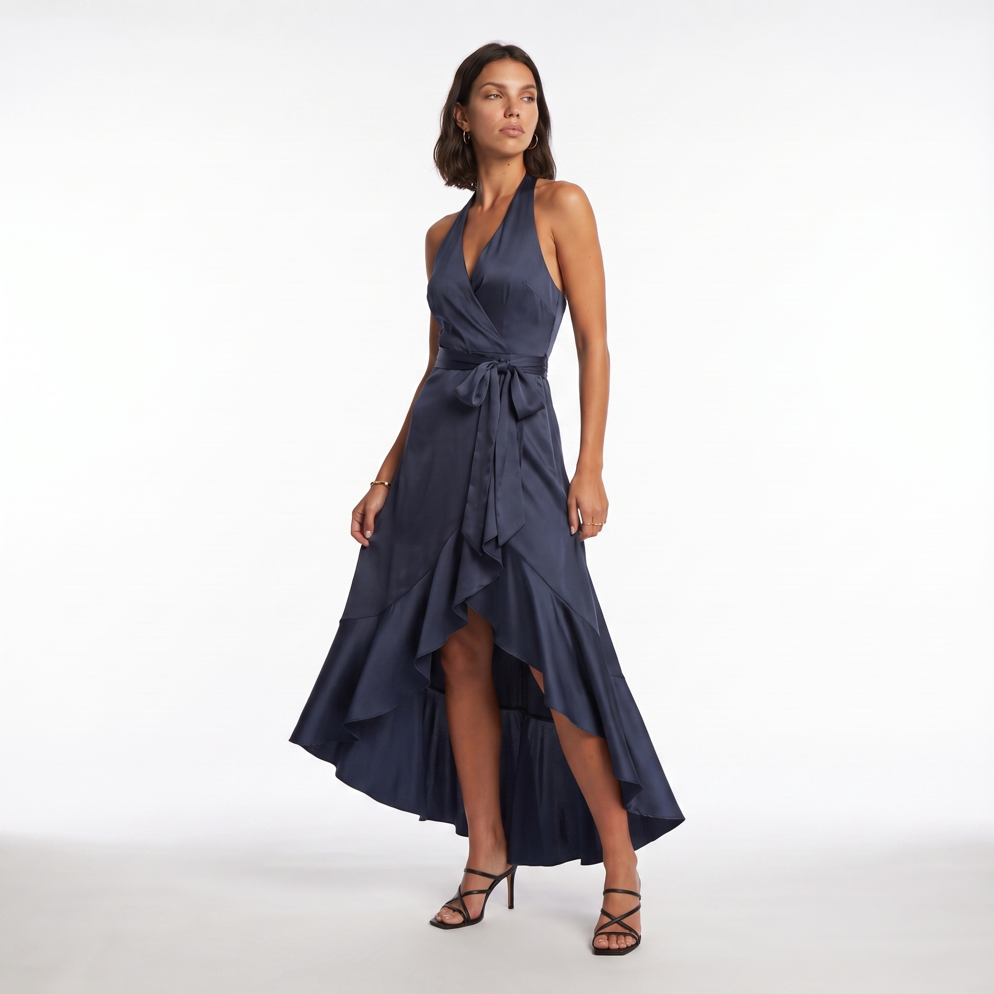 Navy Blue Satin Halter Dress