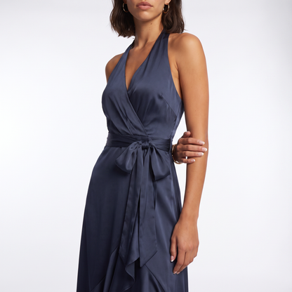 Sunoire womens satin halter dress high low ruffle skirt formal evening dress torso crop 01