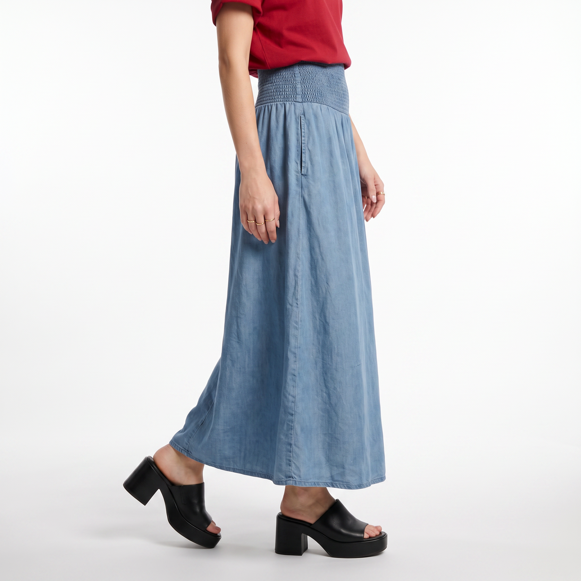 Sunoire womens skirt wide smocked waistband bottom side crop 01