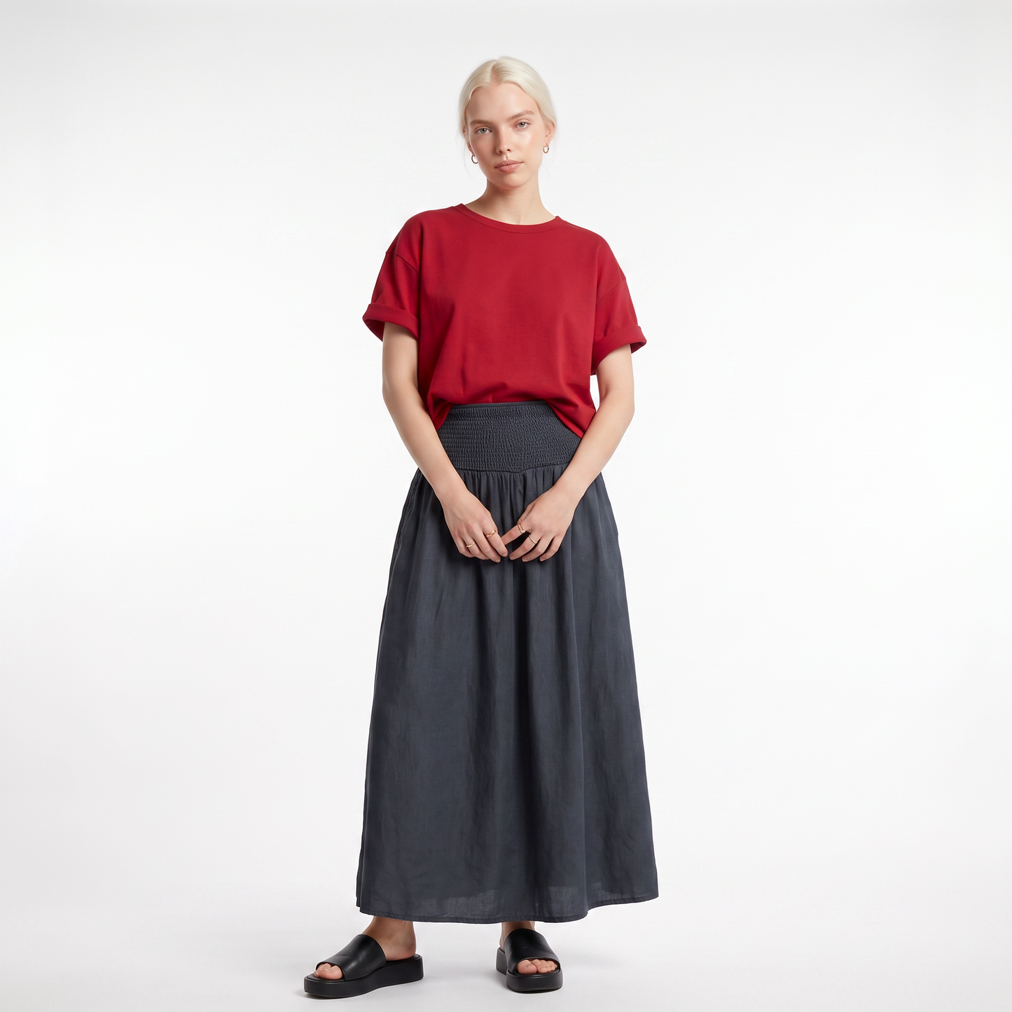 Sunoire womens skirt wide smocked waistband colorway grey front hero 01