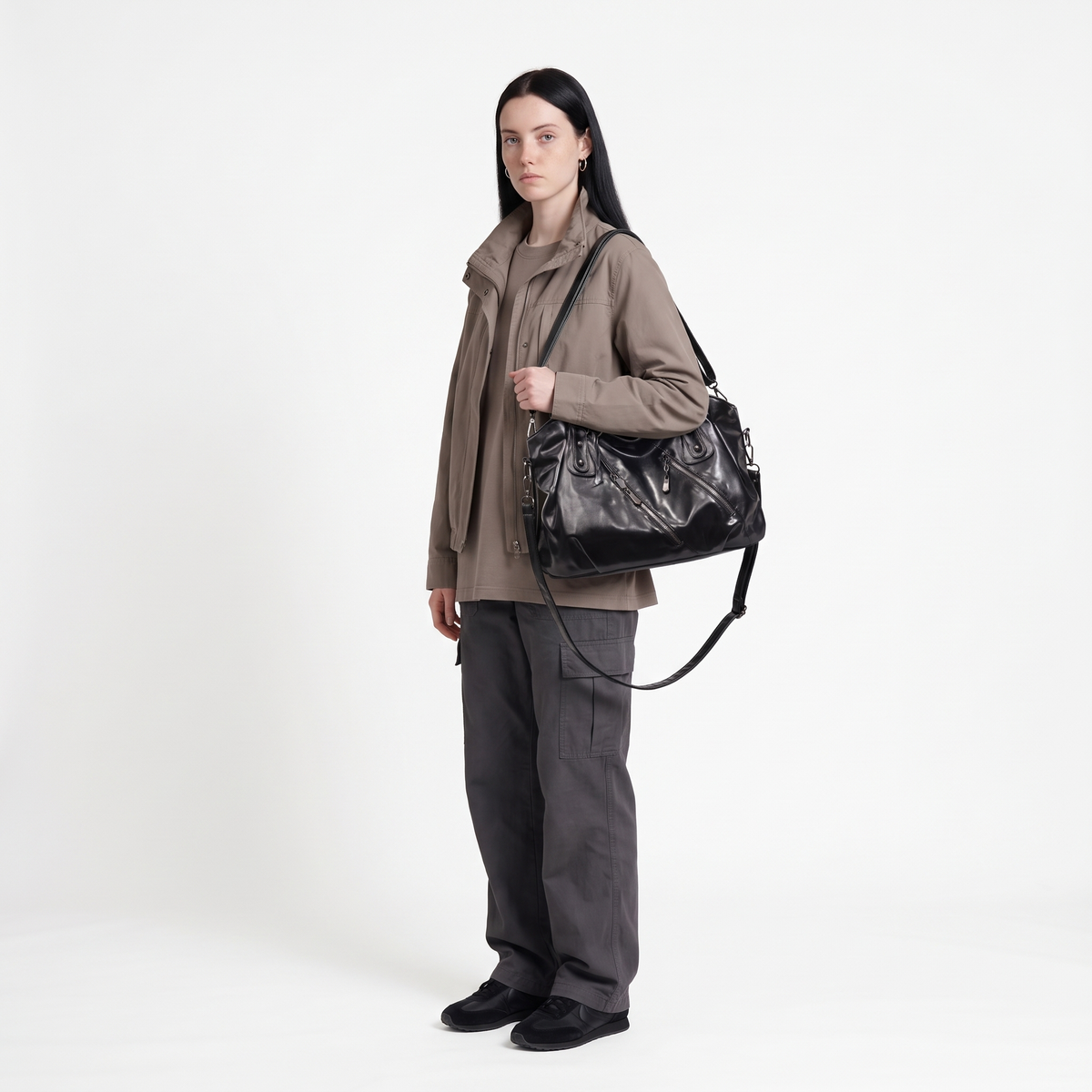 Women's Slouchy Vegan Leather Hobo Bag, worn by a model