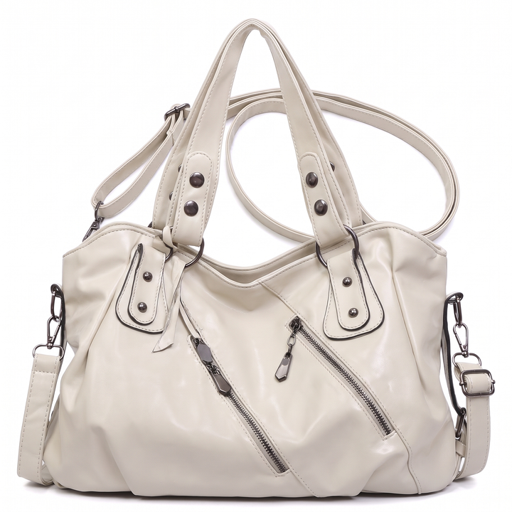 Women's Slouchy Vegan Leather Hobo Bag, Black Diagonal Zip Shoulder Bag — Cream