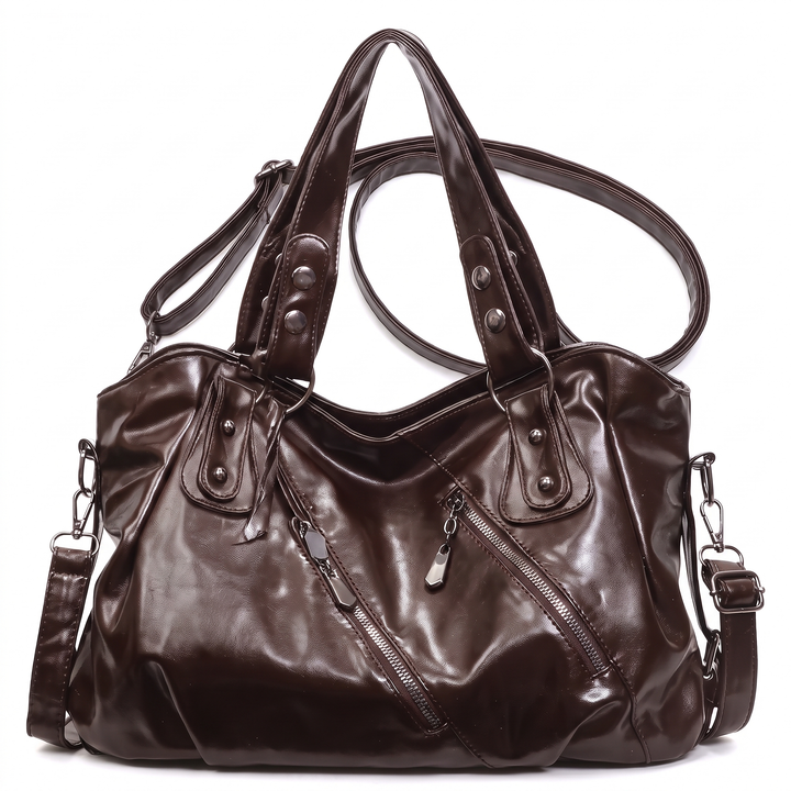 Women's Slouchy Vegan Leather Hobo Bag, Black Diagonal Zip Shoulder Bag — Espresso Brown
