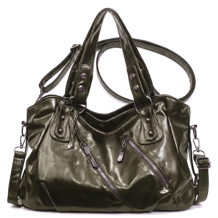 Women's Slouchy Vegan Leather Hobo Bag, Black Diagonal Zip Shoulder Bag — Olive Green