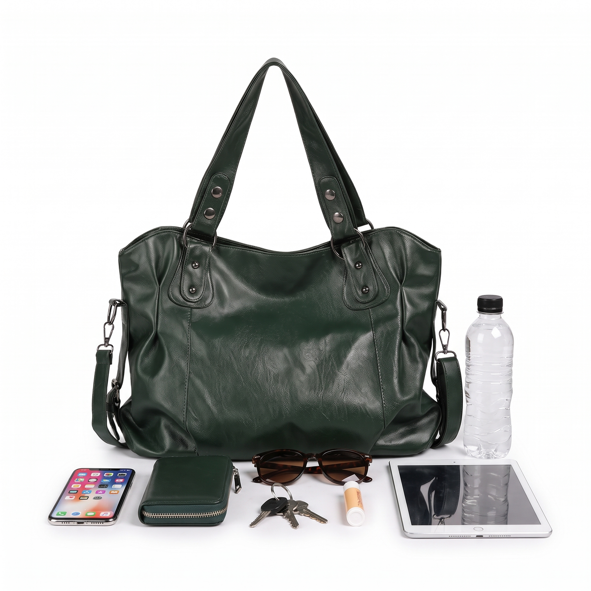 Women's Slouchy Faux Leather Riveted Tote Bag, what fits inside