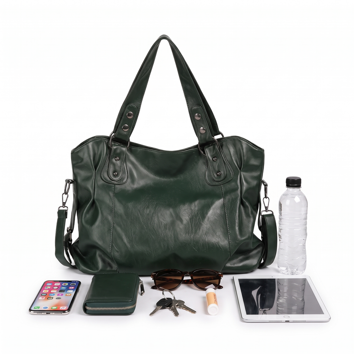 Women's Slouchy Faux Leather Riveted Tote Bag, what fits inside