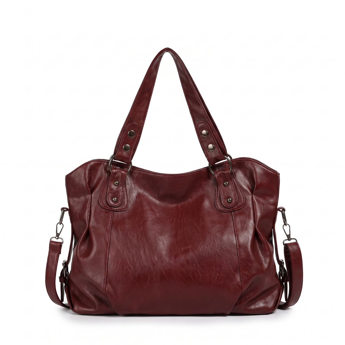 Women's Slouchy Faux Leather Riveted Tote Bag in Burgundy