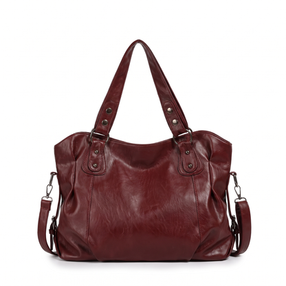 Women's Slouchy Faux Leather Riveted Tote Bag in Burgundy