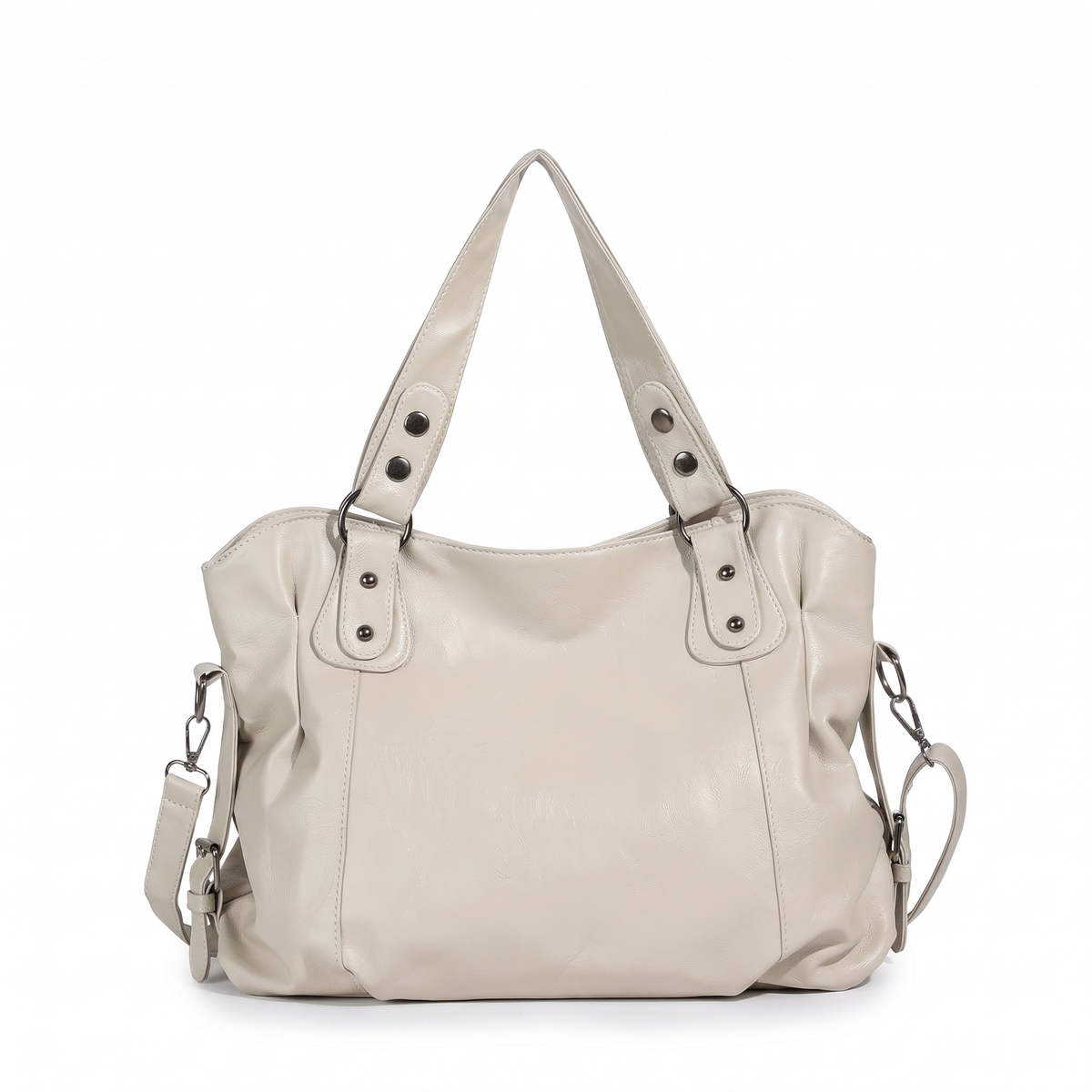Women's Slouchy Faux Leather Riveted Tote Bag in Cream