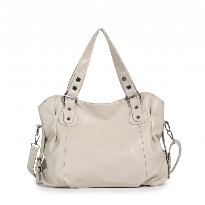 Women's Slouchy Faux Leather Tote Bag, Forest Green Shoulder Bag — Cream