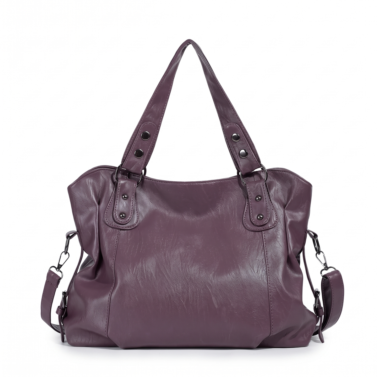 Women's Slouchy Faux Leather Riveted Tote Bag in Plum