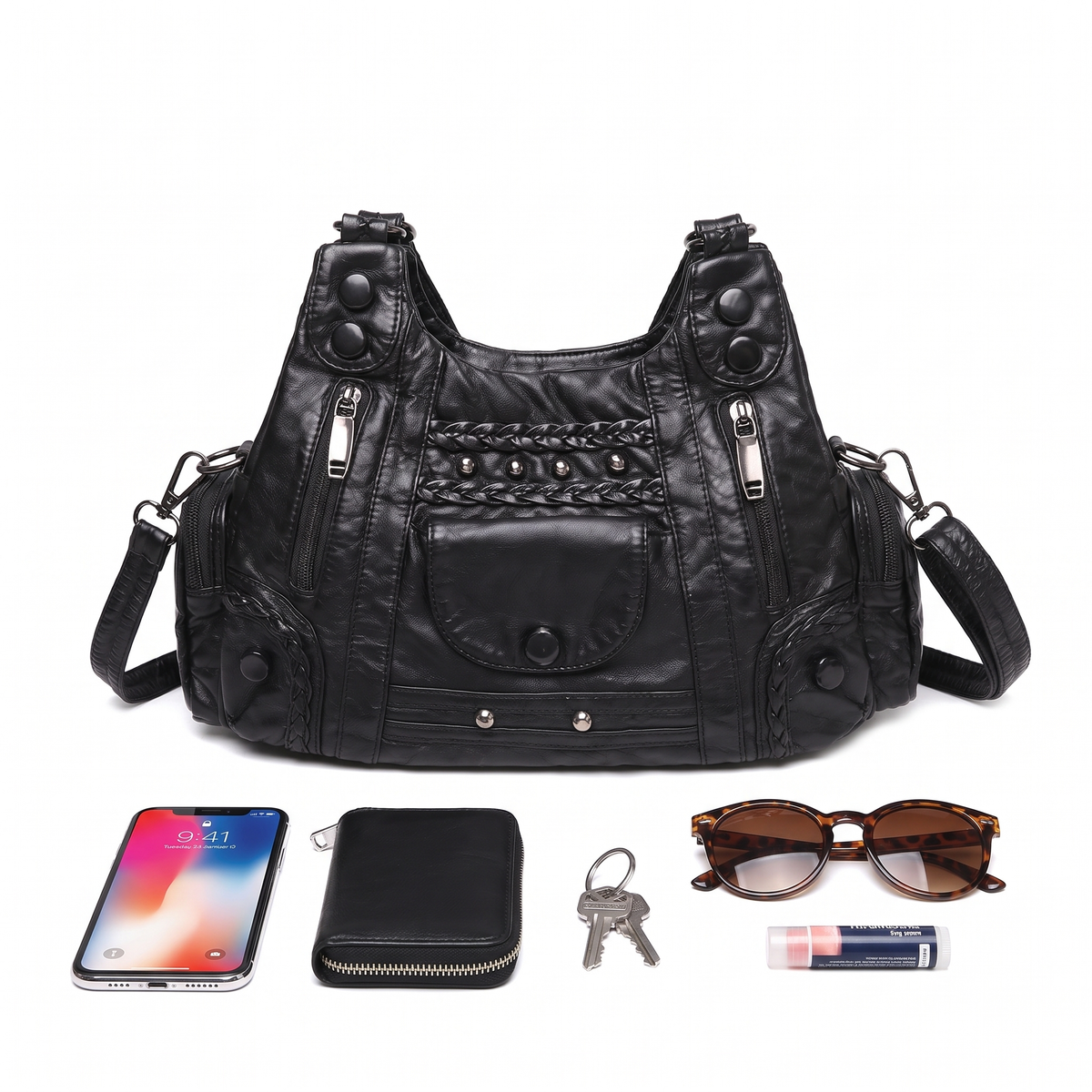 Women's Small Vegan Leather Hobo Bag, what fits inside