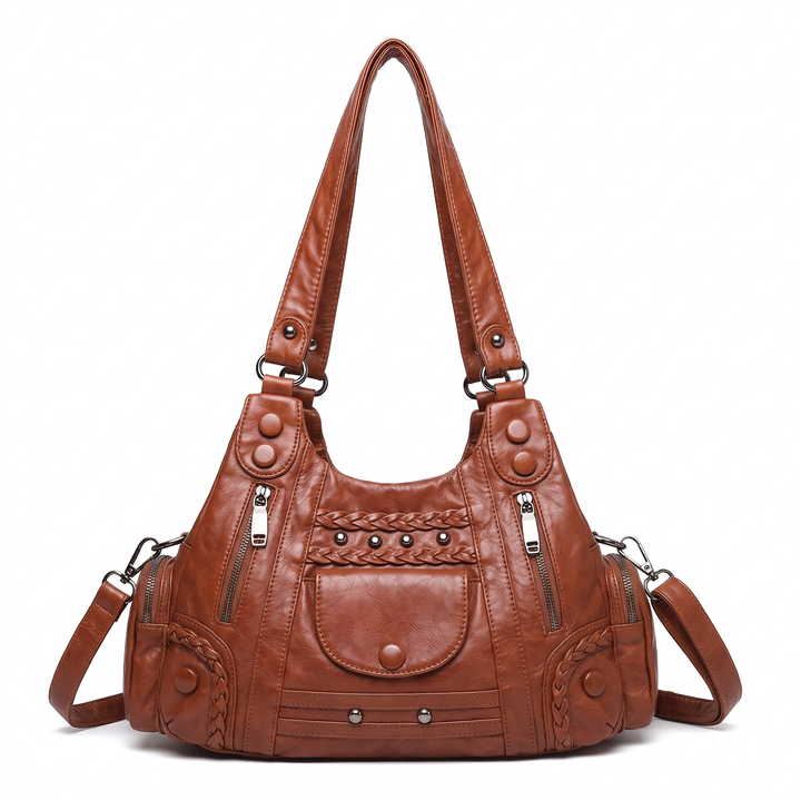 Women's Small Vegan Leather Hobo Bag, Black Braided Flap Pocket Crossbody Bag — Cognac Brown